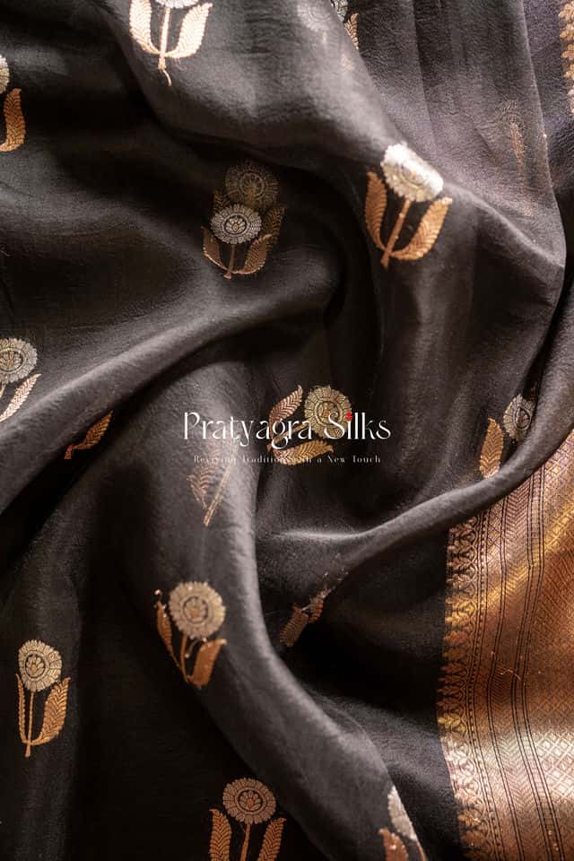 Midnight Ebony Sona-Rupa Cora Silk Saree Pure silk sarees online in India | Pratyagra Silks