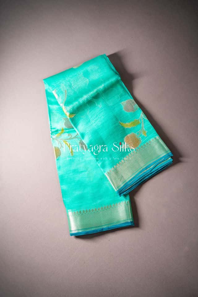 Radiant Aquamarine Organza Silk Pure silk sarees online in India | Pratyagra Silks