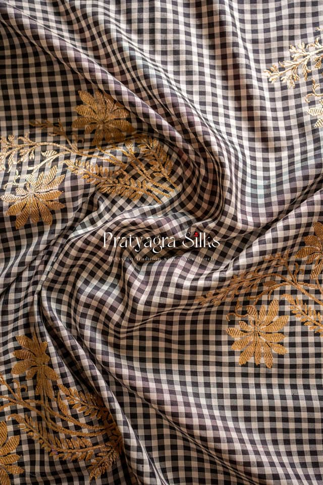 Black and White Gingham (Checks) Banarasi Silk Saree. Pure silk sarees online in India | Pratyagra Silks
