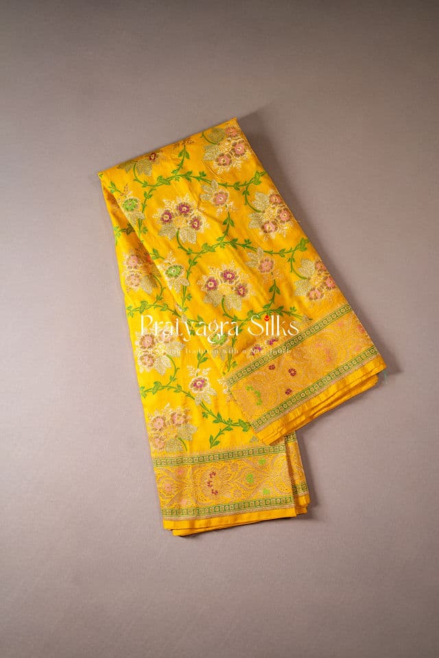 Golden Yellow Banarasi Silk with Verdant Floral Weaves - Image 2