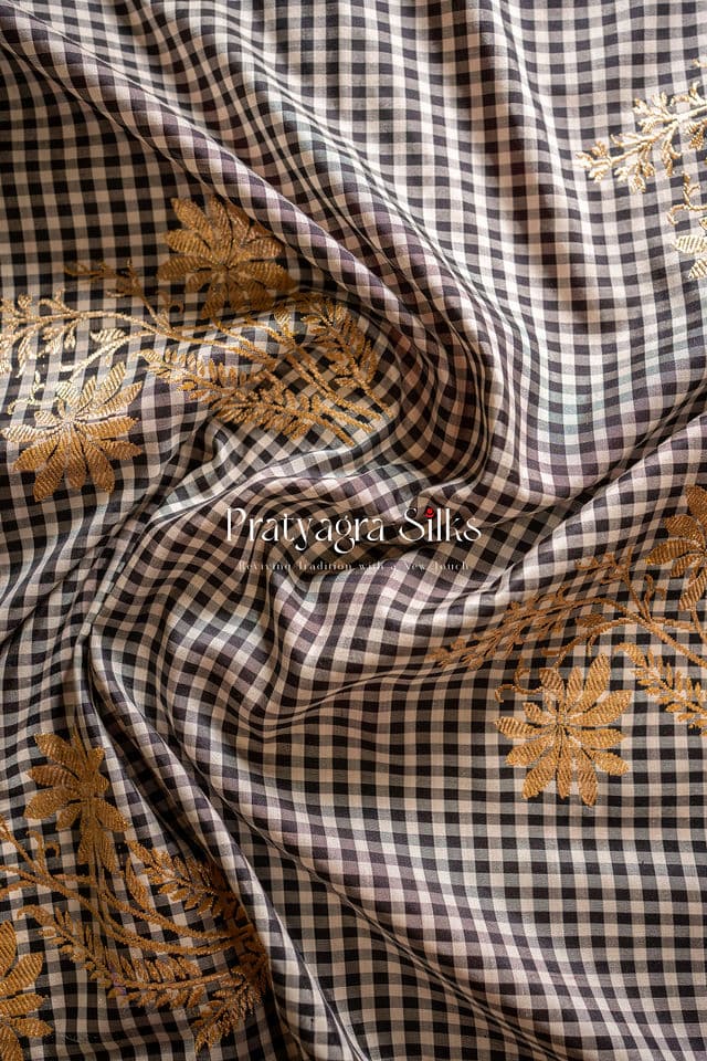 Black and White Gingham (Checks) Banarasi Silk Saree.
