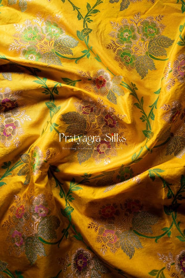 Golden Yellow Banarasi Silk with Verdant Floral Weaves - Image 1