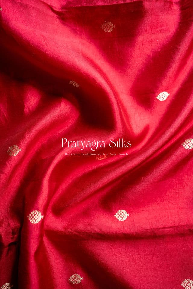 Crimson Red Raw Mango Silk Saree with Gold Zari Peacock Border