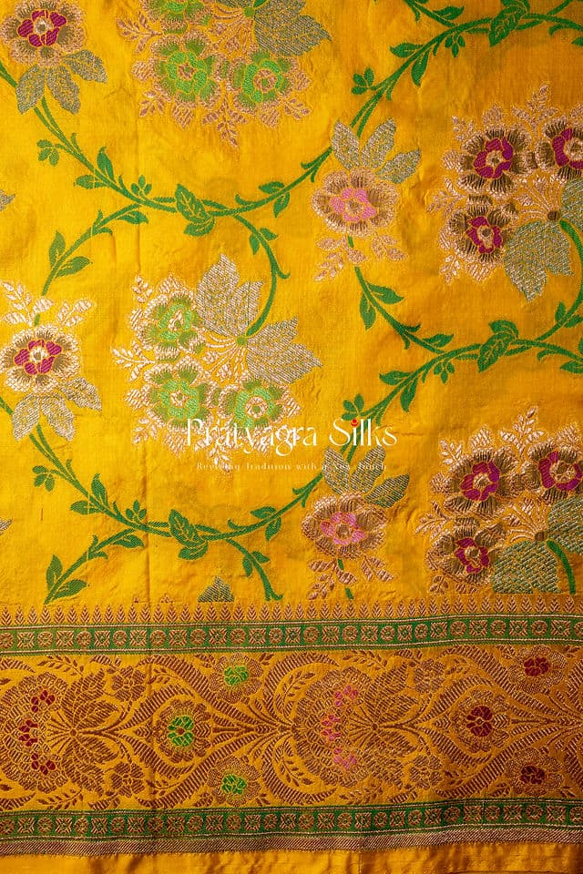 Golden Yellow Banarasi Silk with Verdant Floral Weaves - Image 5