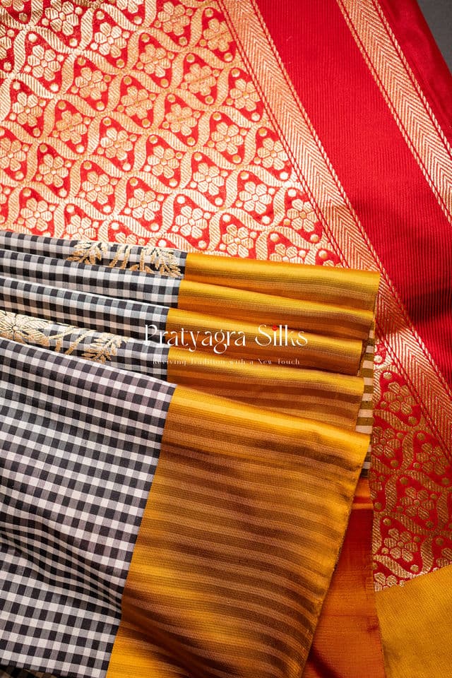 Black and White Gingham (Checks) Banarasi Silk Saree. - Image 3