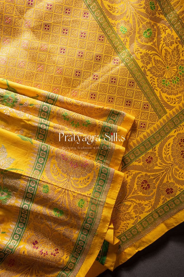 Golden Yellow Banarasi Silk with Verdant Floral Weaves - Image 3