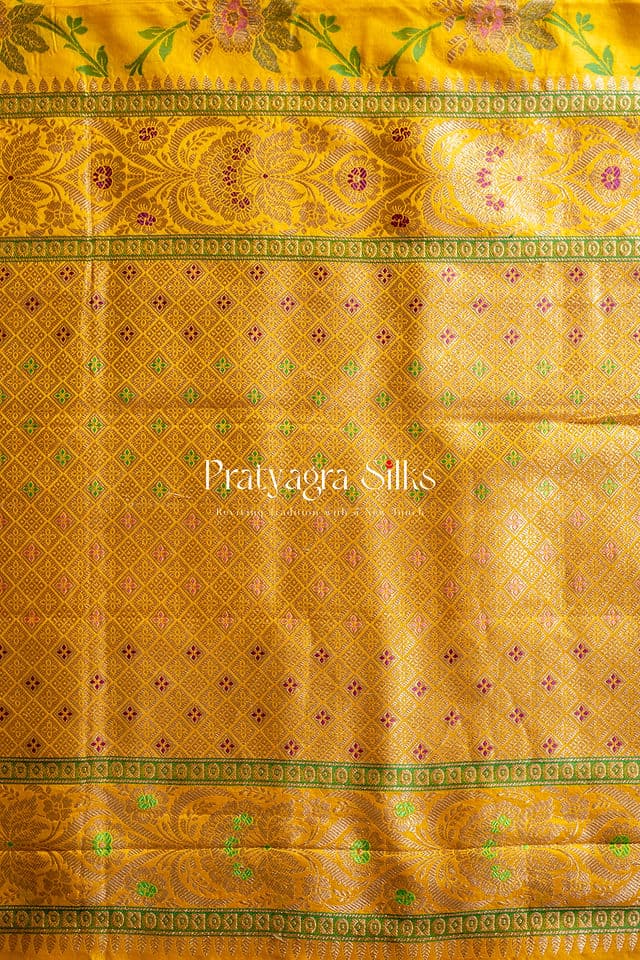 Golden Yellow Banarasi Silk with Verdant Floral Weaves - Image 4