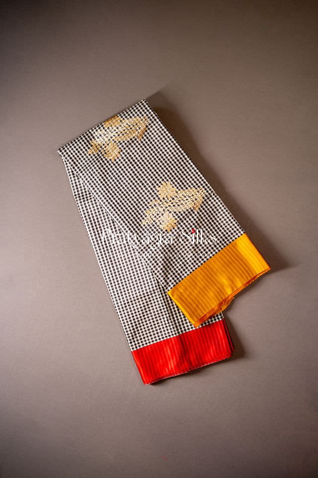 Black and White Gingham (Checks) Banarasi Silk Saree. - Image 2