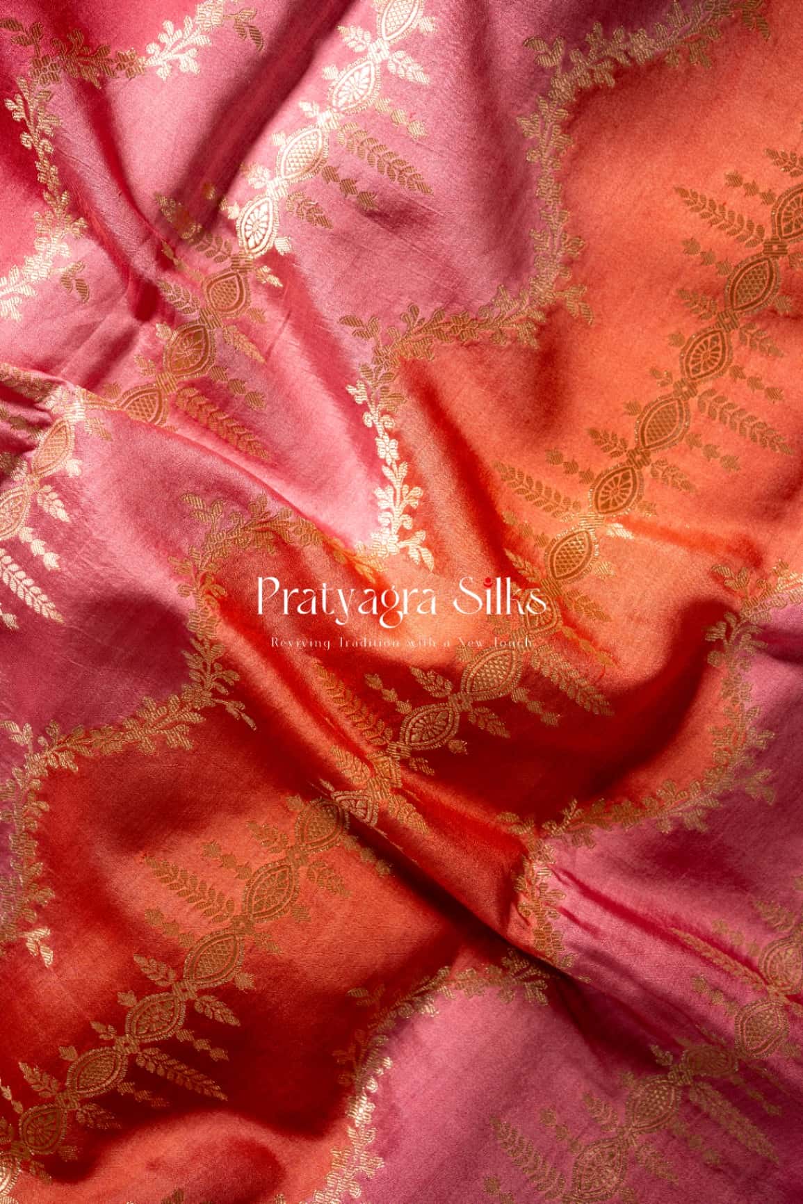 Sunset Peach Rangkaat Chiniya Silk Pure silk sarees online in India | Pratyagra Silks