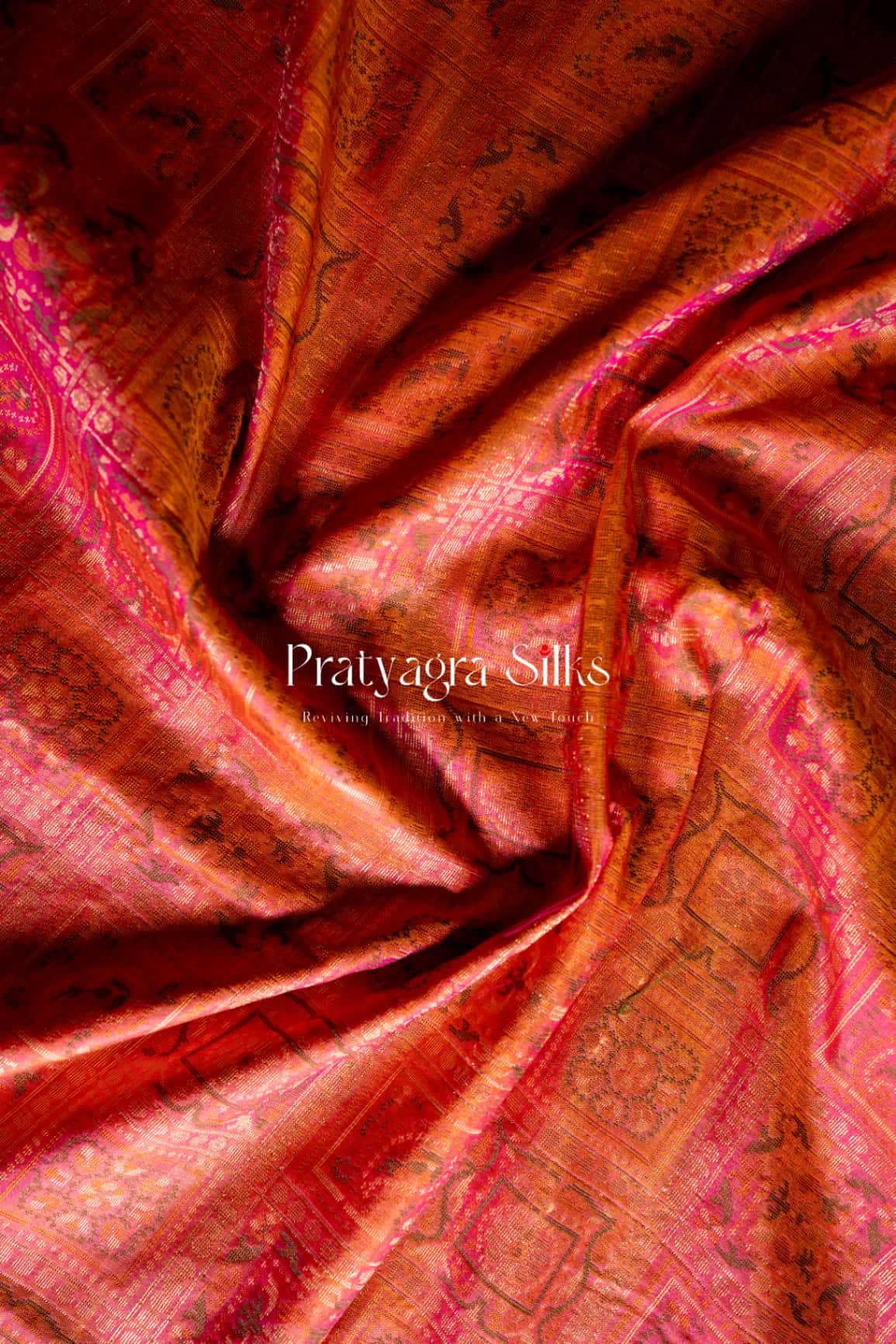 Vibrant pink & burnt orange katan silk Pure silk sarees online in India | Pratyagra Silks