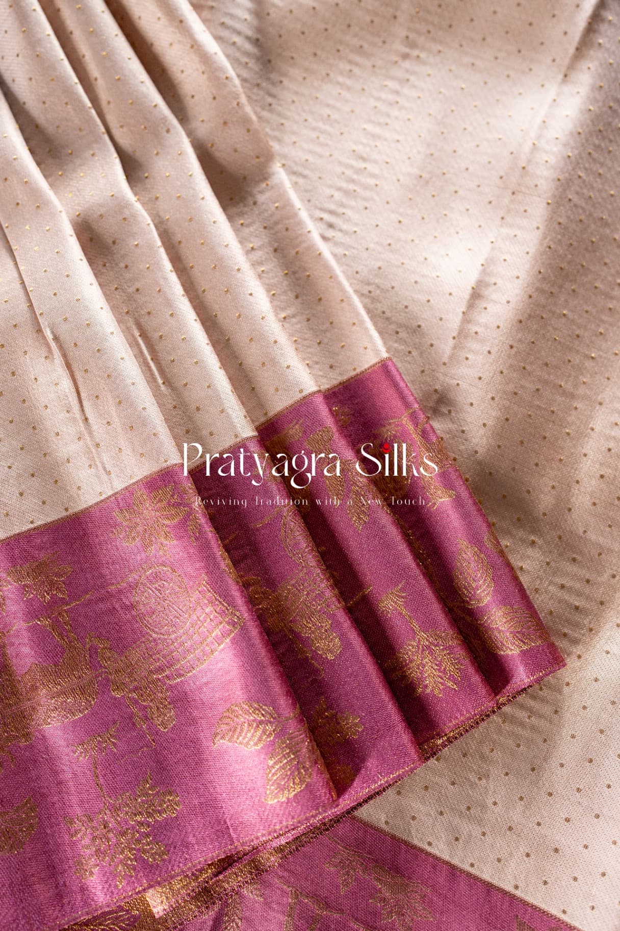 Champagne Gold & Rani Pink Handwoven Silk Saree